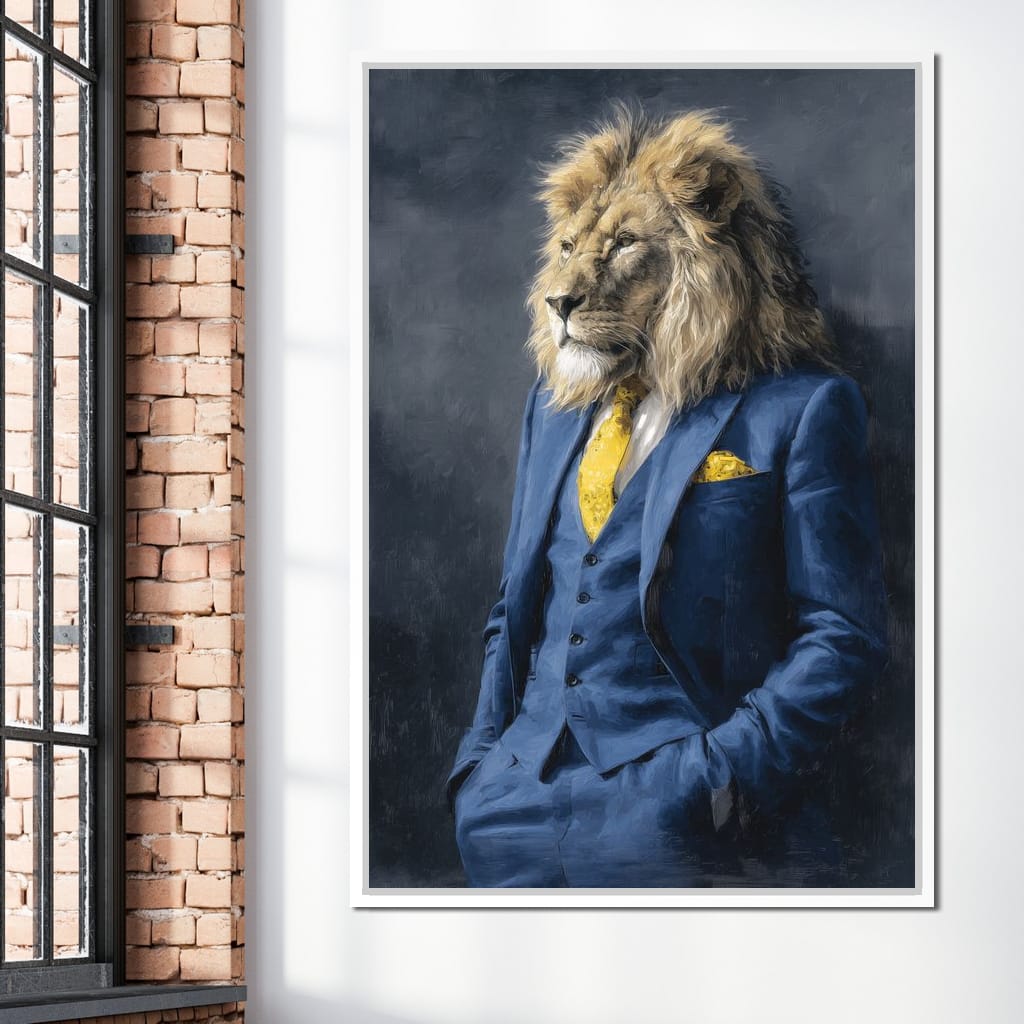Regal Lion Portrait Blue Suit Canvas Wall Art