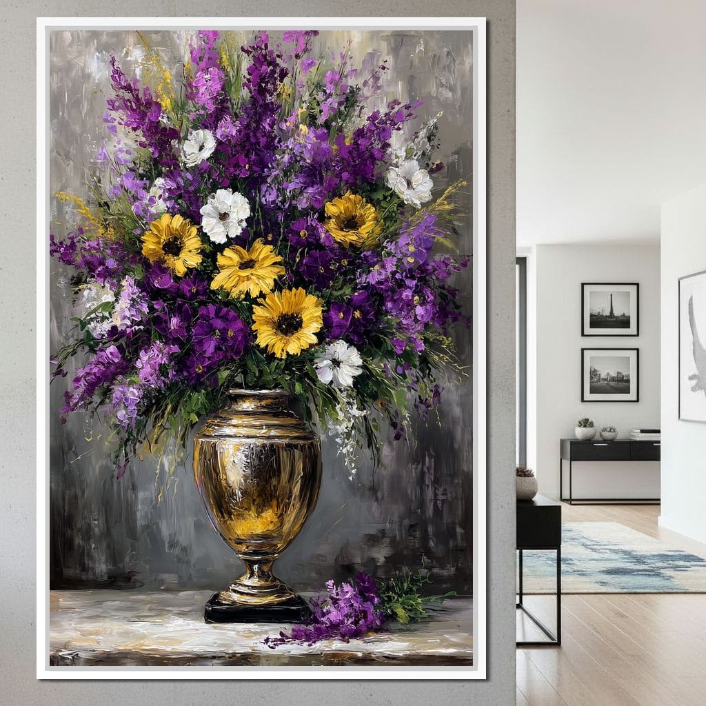 Golden Vase Violet Sunflowers Canvas Wall Art