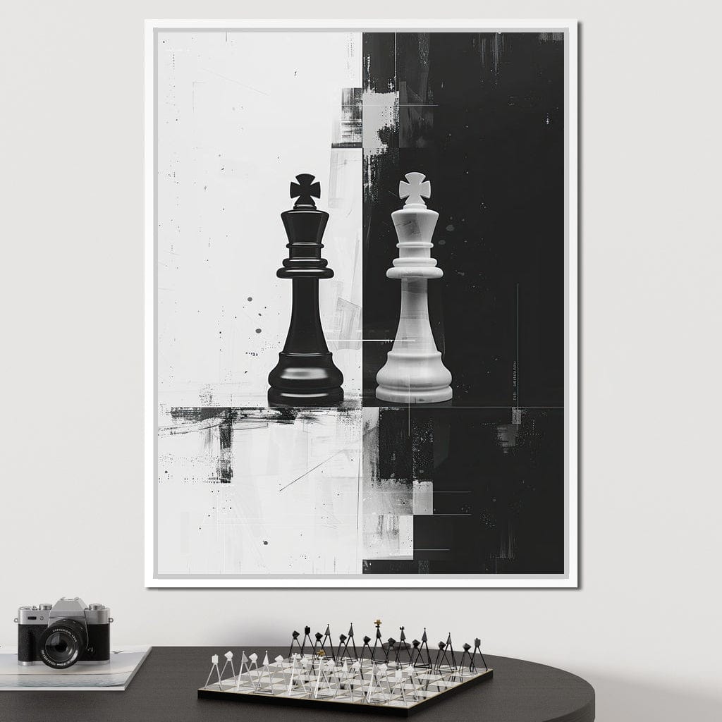 Strategic Chess Duel in Monochrome Canvas Wall Art
