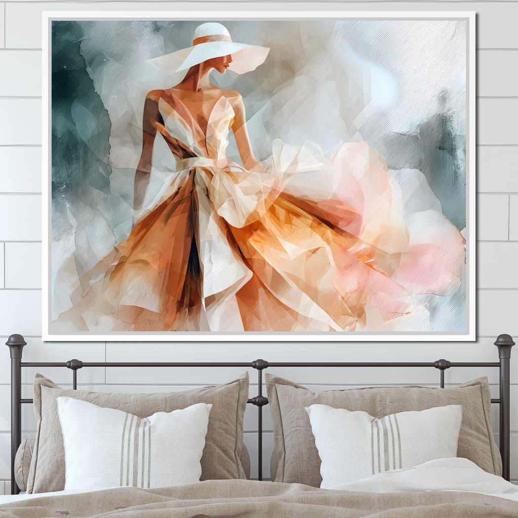 Sun Hat Lady in Peach Gown Canvas Wall Art