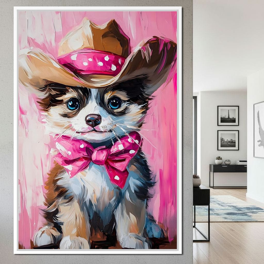 Cute Cowboy Puppy Pink Bow Charm Canvas Wall Art