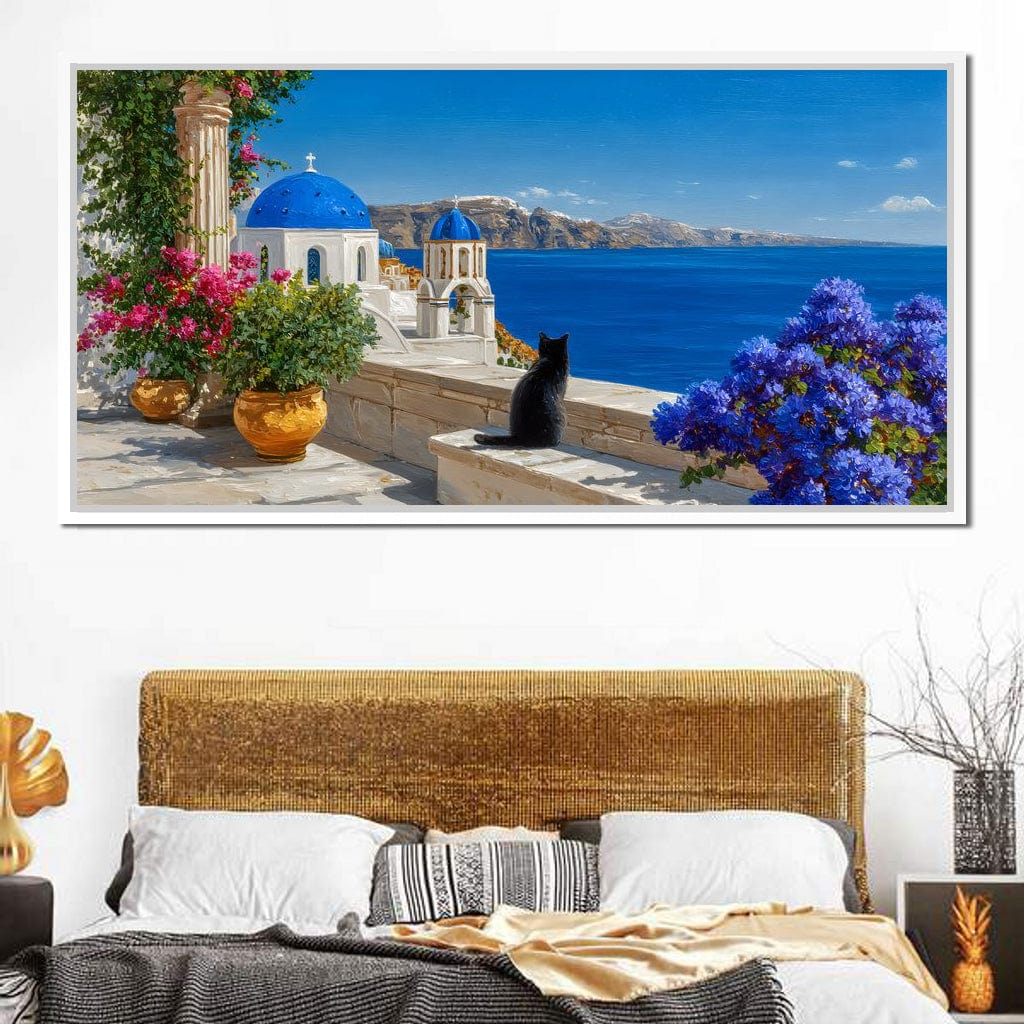 Santorini Blue Domes Cat Escape Canvas Wall Art