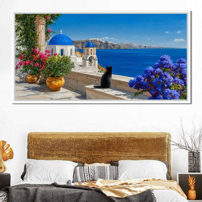 Santorini Blue Domes Cat Escape Canvas Wall Art