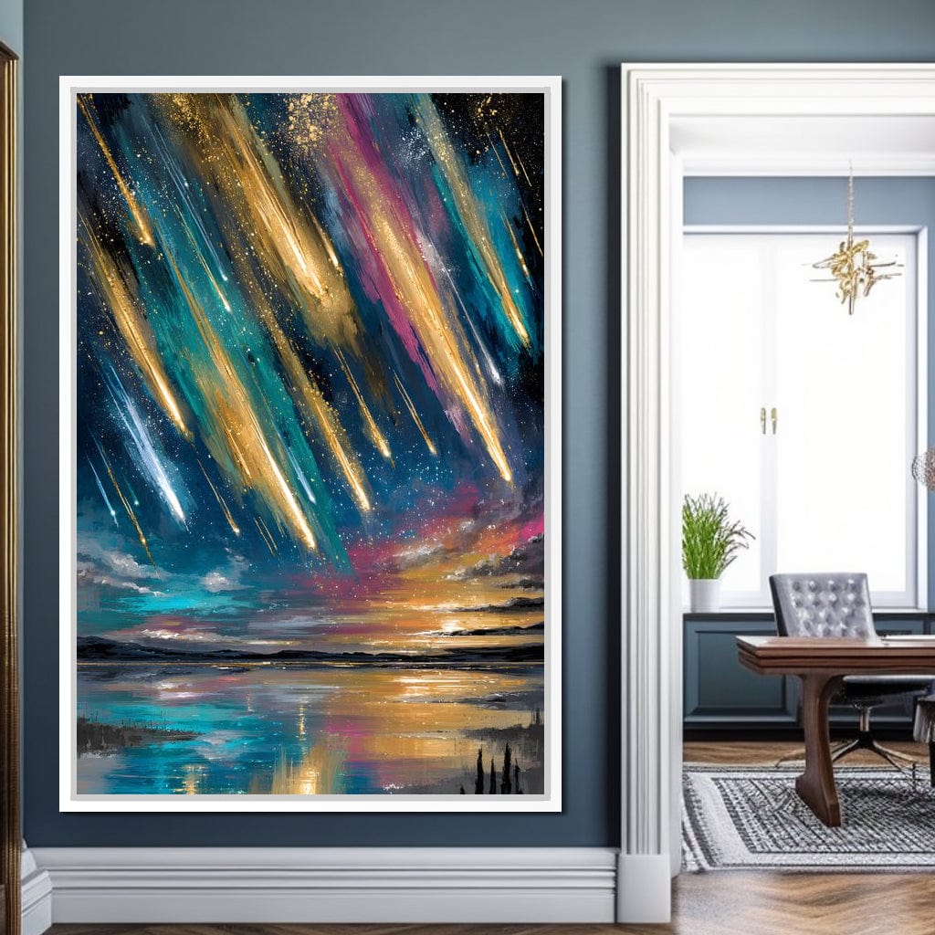 Golden Meteors Over Silent Lake Canvas Wall Art