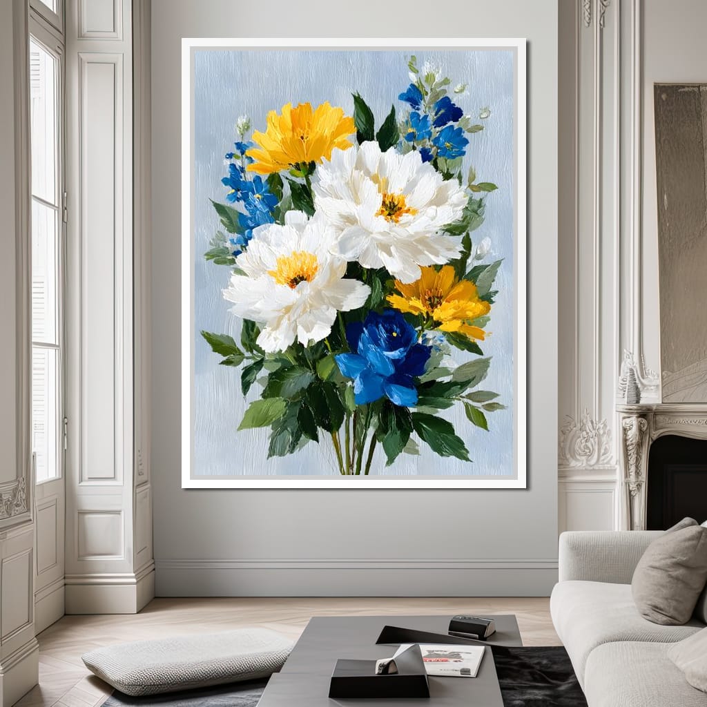 Golden White Blue Garden Posey Canvas Wall Art