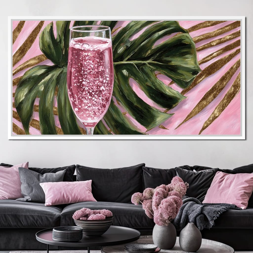 Pink Fizz Monstera Gold Canvas Wall Art