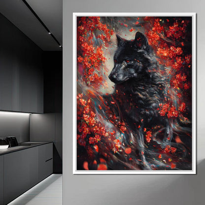 Black Wolf Rose Petal Storm Canvas Wall Art
