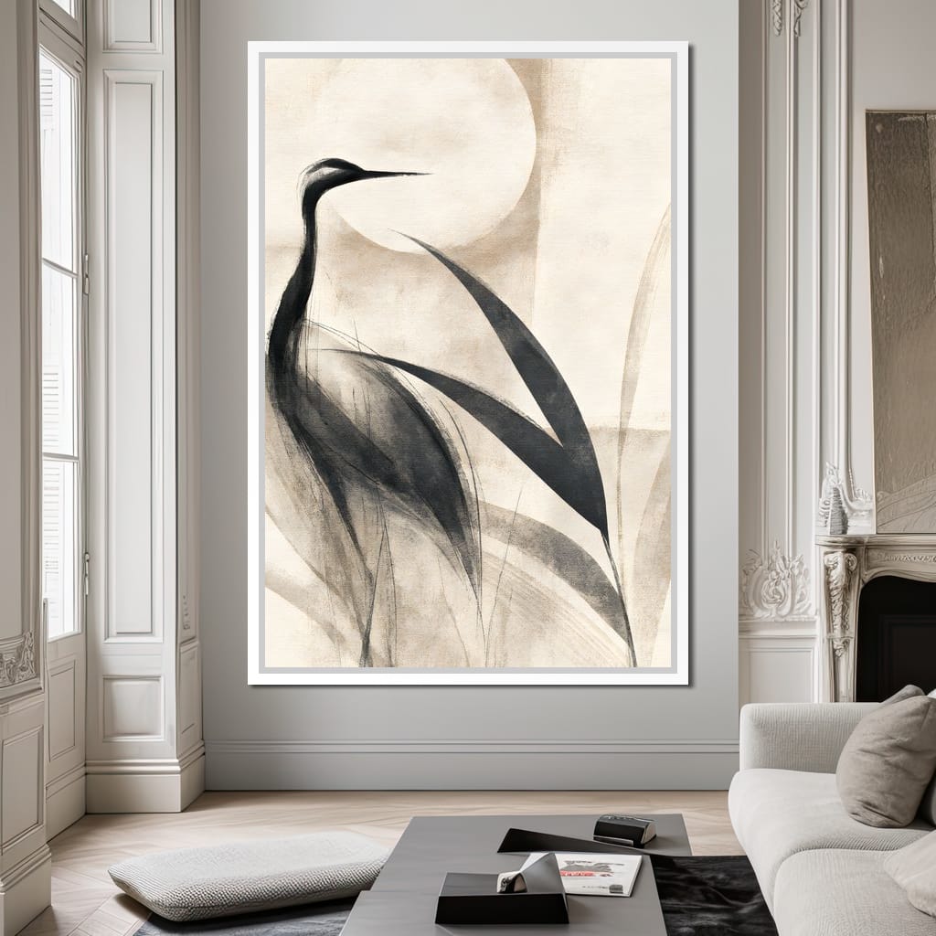 Lone Crane Watching The Pale Disc Canvas Wall Art