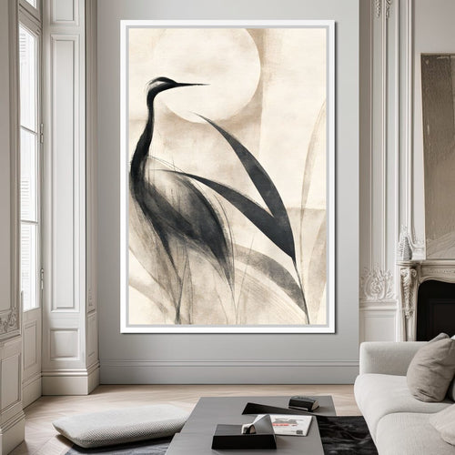 Lone Crane Watching The Pale Disc Canvas Wall Art