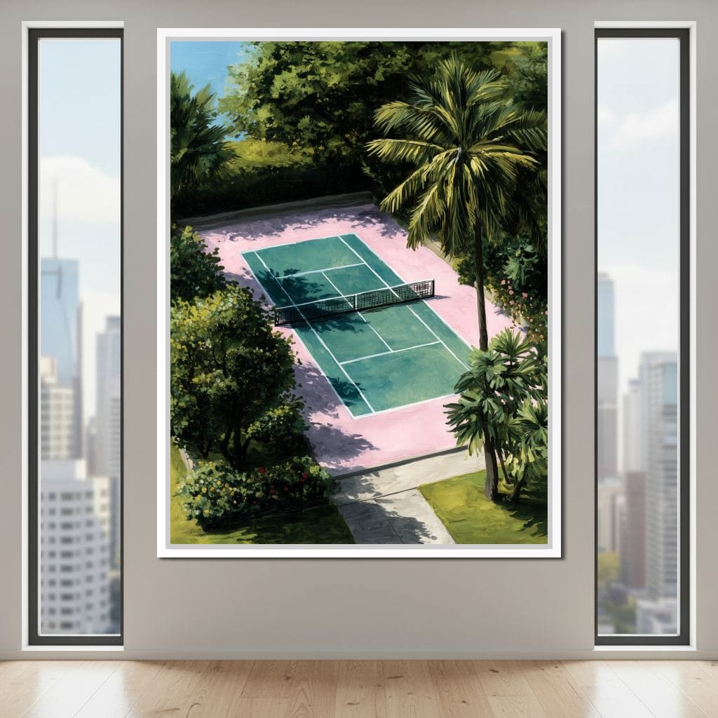 Palm Court Tennis Retreat Scene Canvas Wall Art