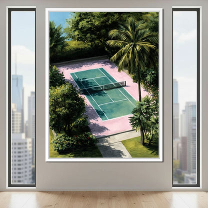 Palm Court Tennis Retreat Scene Canvas Wall Art