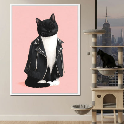 Biker Cat Attitude On Soft Pink Canvas Wall Art