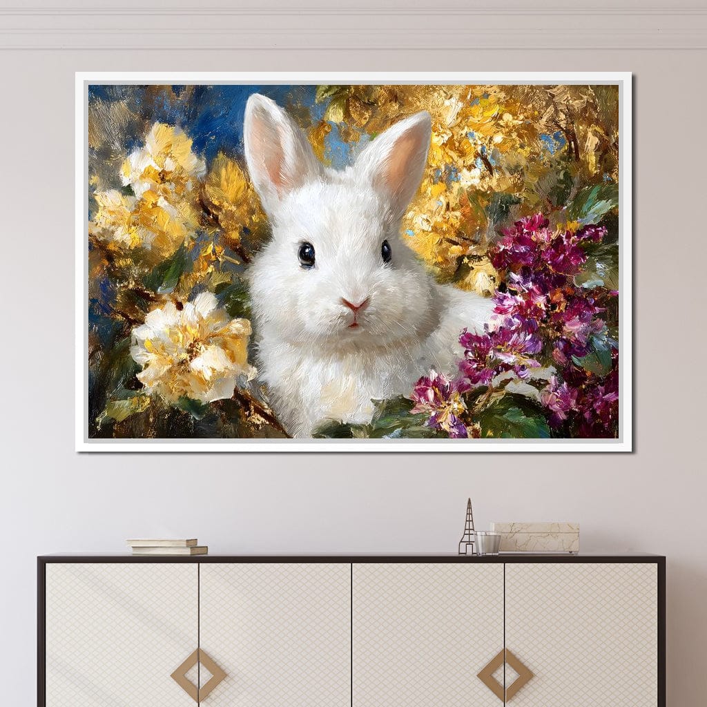 White Bunny Garden Bouquet Canvas Wall Art