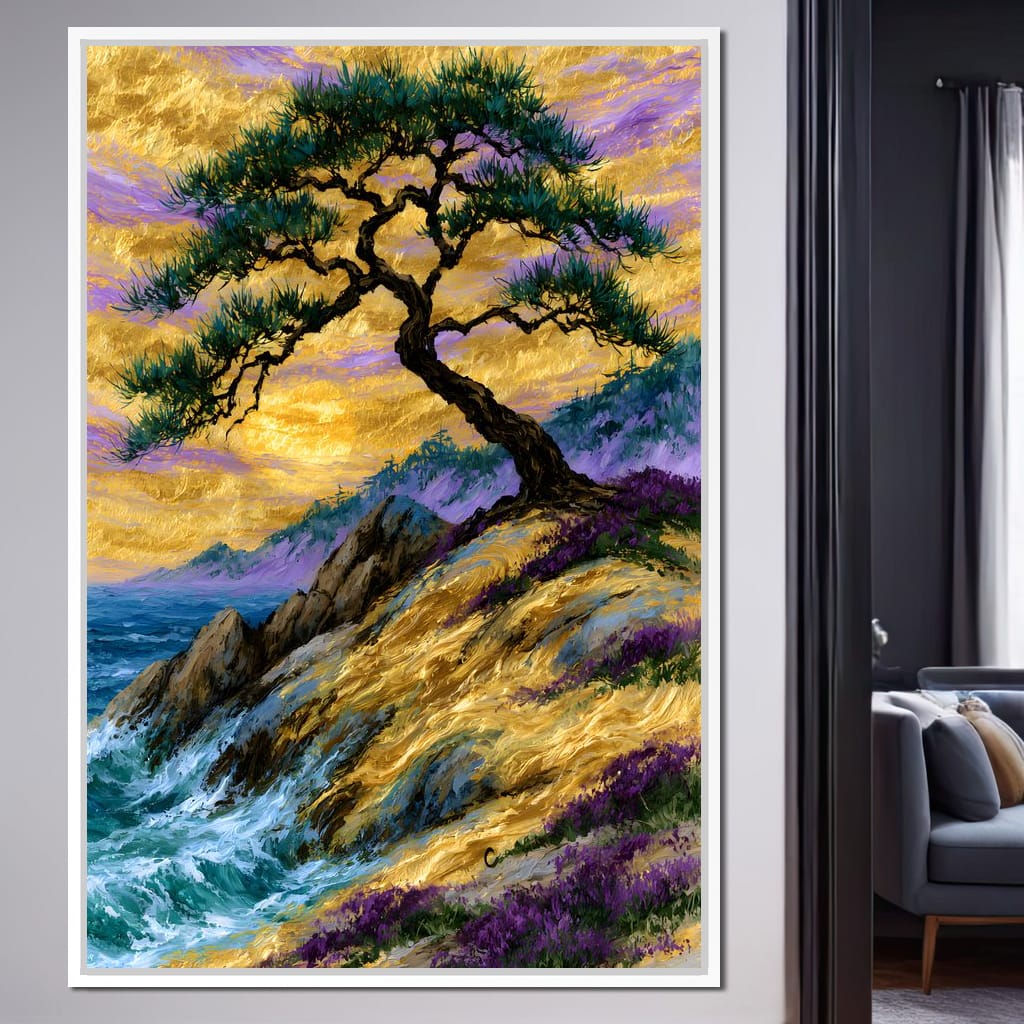 Golden Shoreline Beneath An Ancient Pine Canvas Wall Art