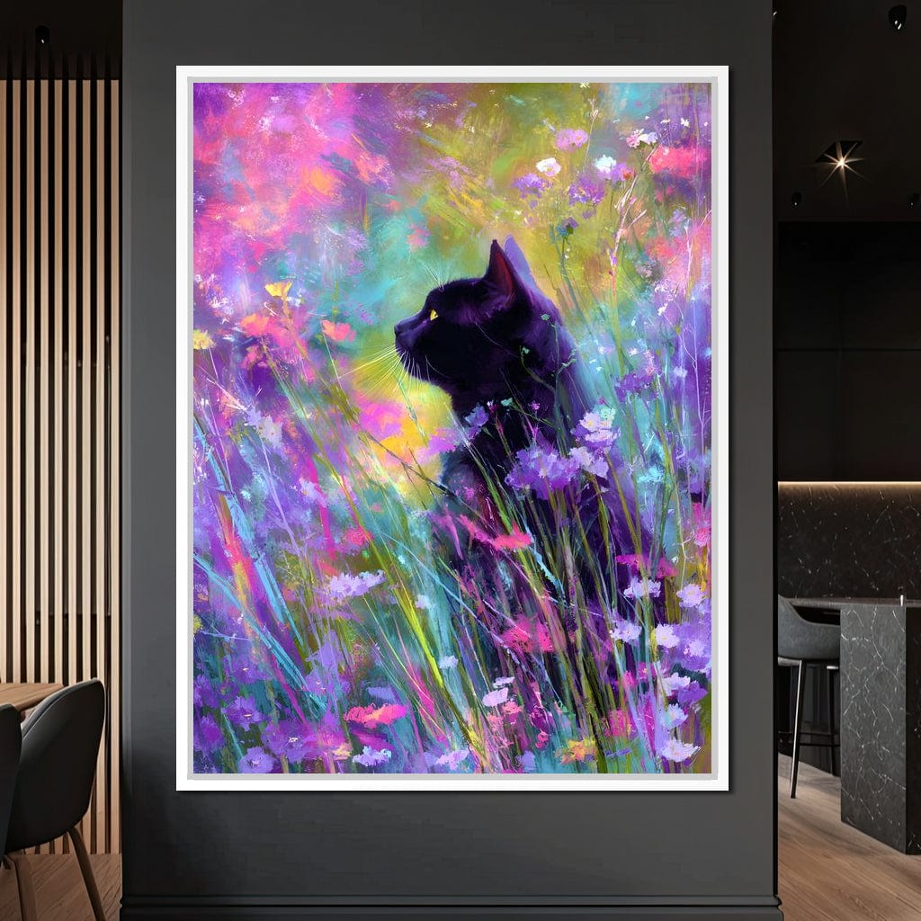 Midnight Feline Among Wildflowers Canvas Wall Art