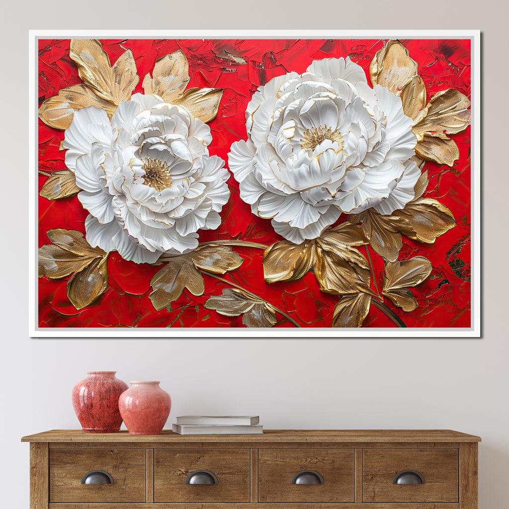 Golden Petals on Ruby Waves Canvas Wall Art