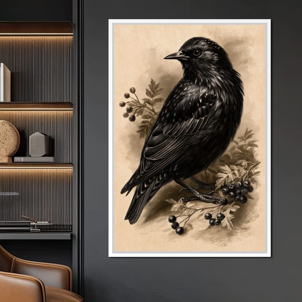 Solitary Starling Perched Upon Hawthorn Branch Canvas Wall Art