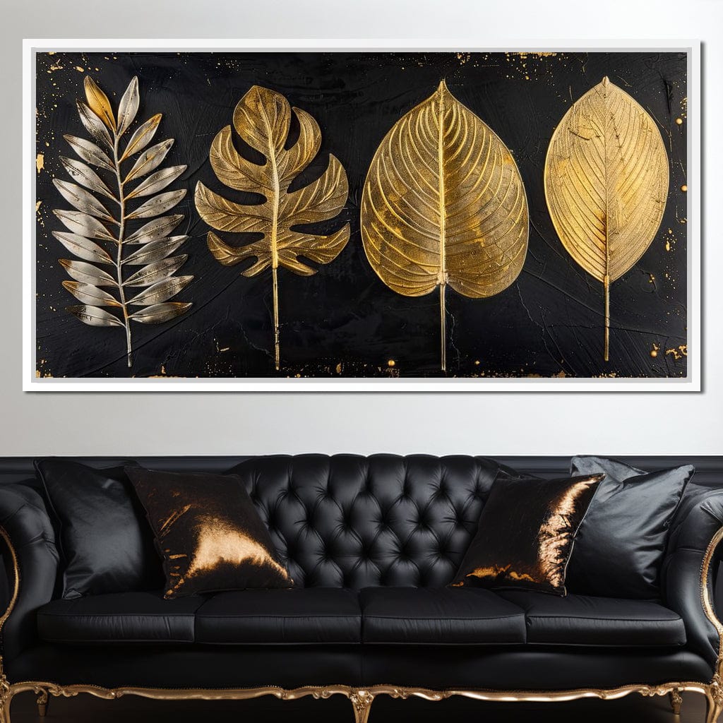Golden Leaves on Black Background Canvas Wall Art