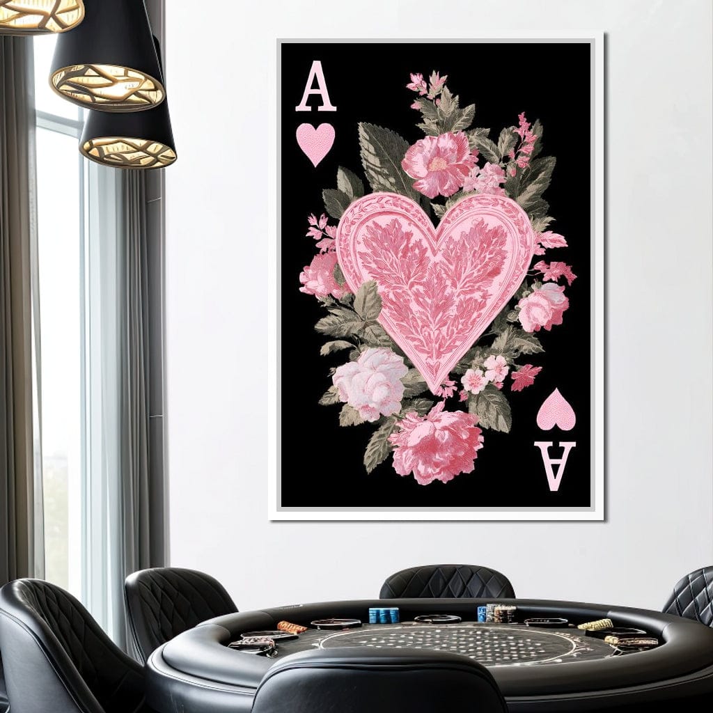 Floral Ace of Hearts Pink Rose Canvas Wall Art