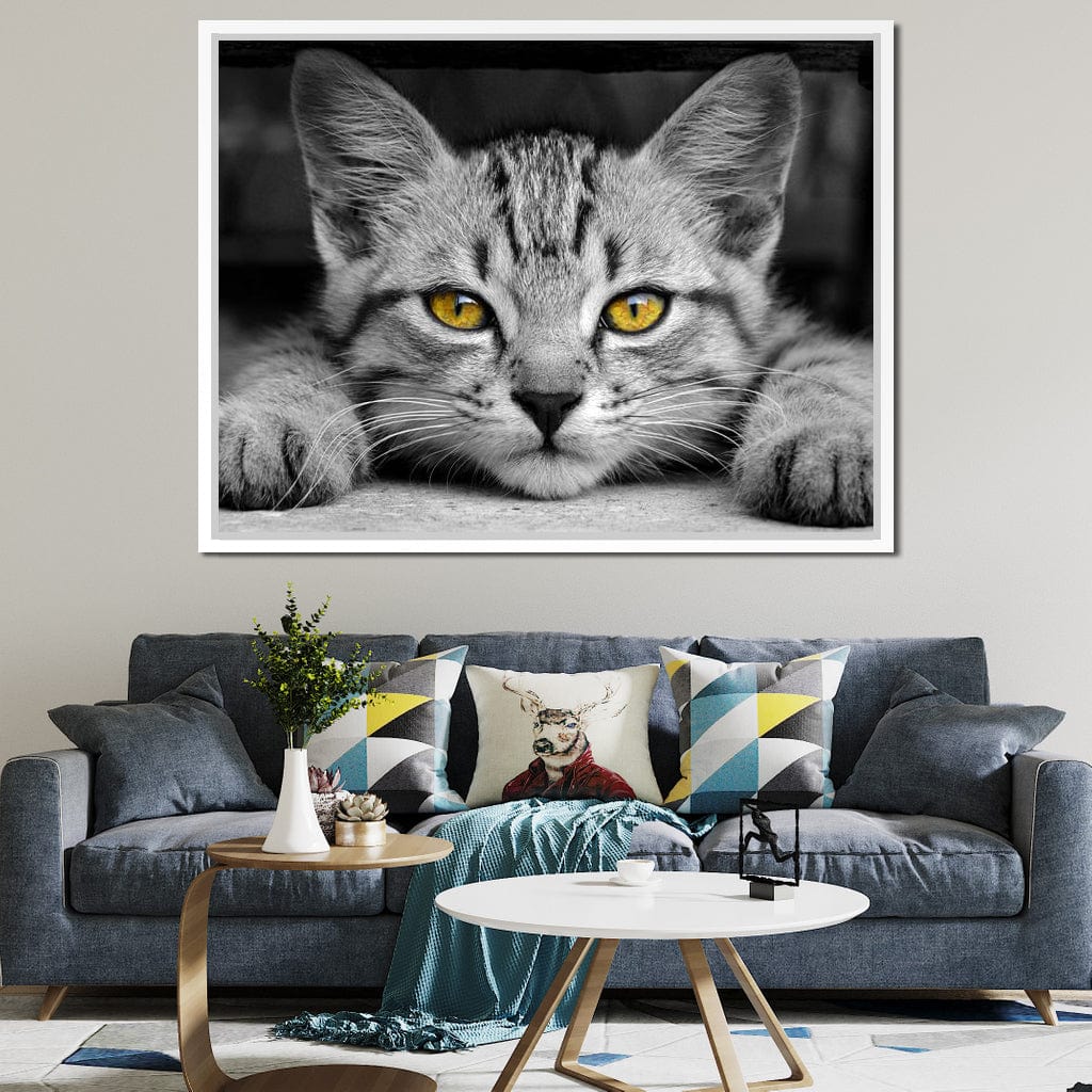 Black & White Cat with Yellow Eyes Canvas Wall Art