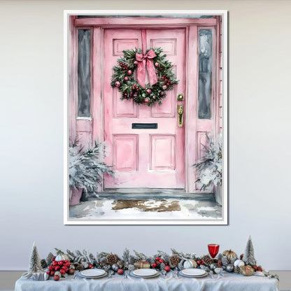 Winter Welcome Pink Door Canvas Wall Art