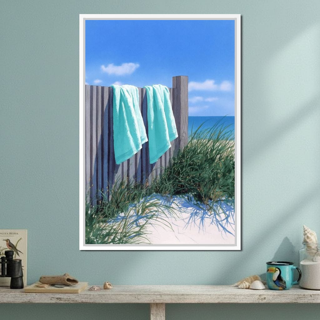 Coastal Towels On Dune Fence Canvas Wall Art