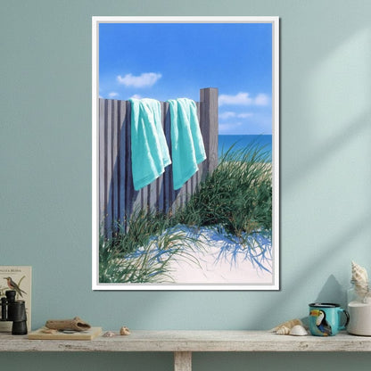 Coastal Towels On Dune Fence Canvas Wall Art
