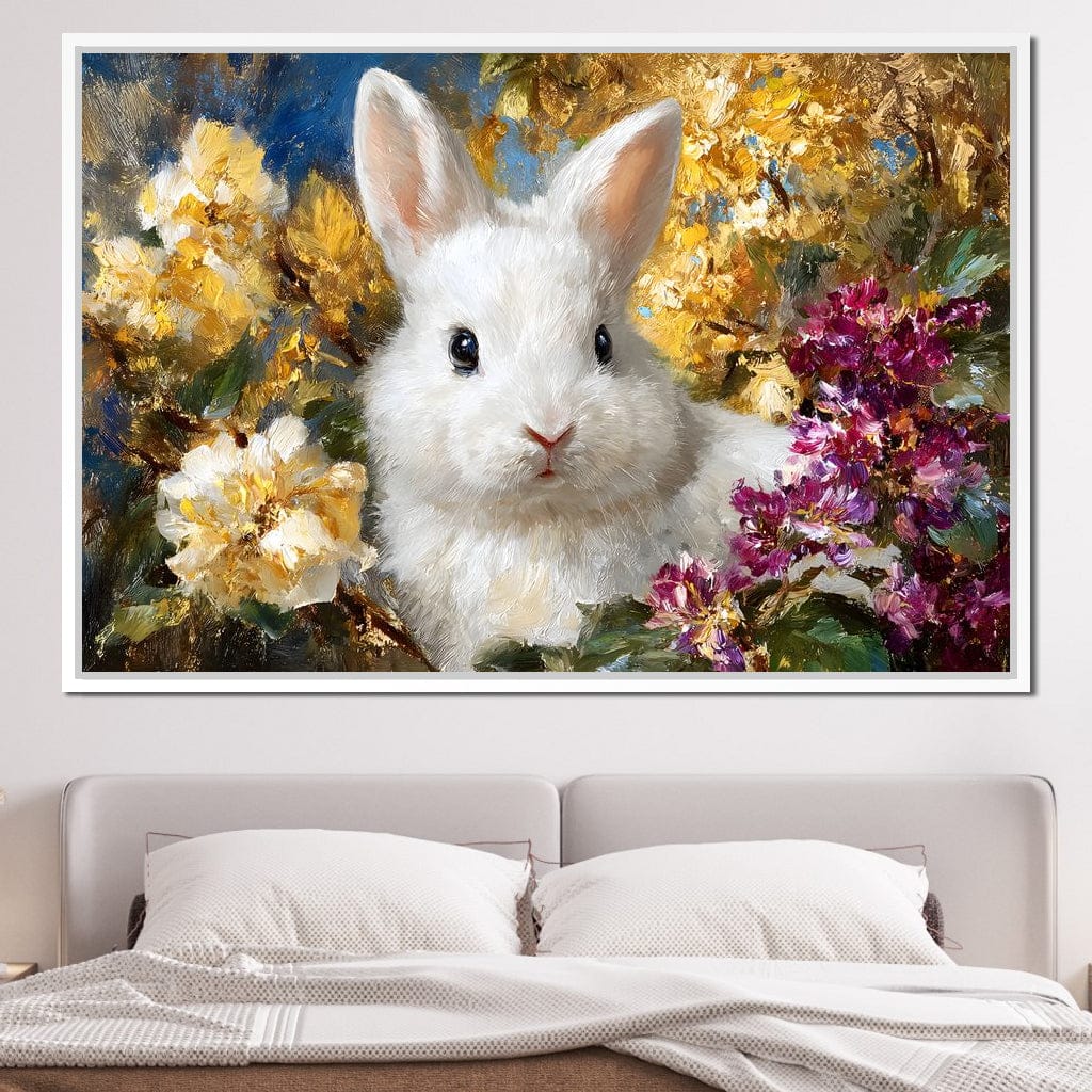 White Bunny Garden Bouquet Canvas Wall Art