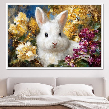 White Bunny Garden Bouquet Canvas Wall Art