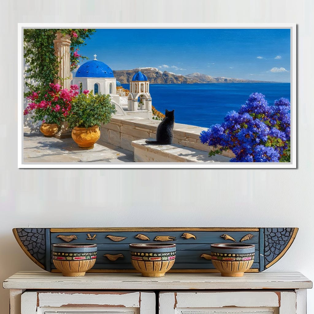 Santorini Blue Domes Cat Escape Canvas Wall Art