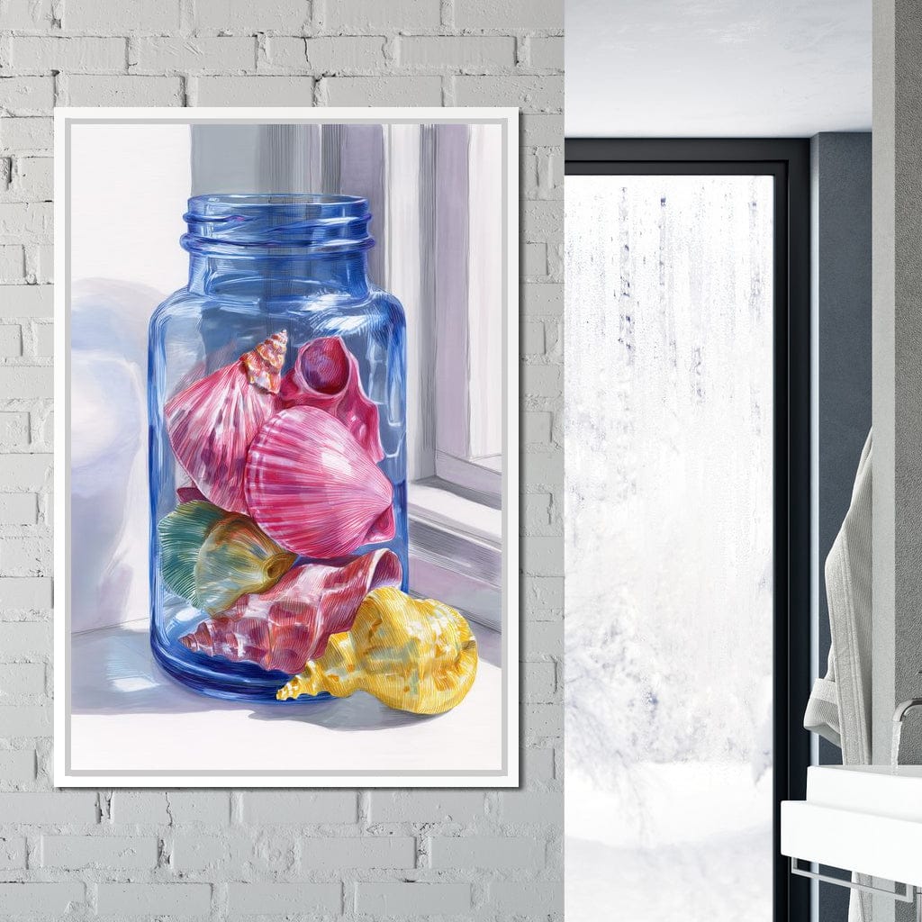 Seashells Jar Sunlit Window Canvas Wall Art