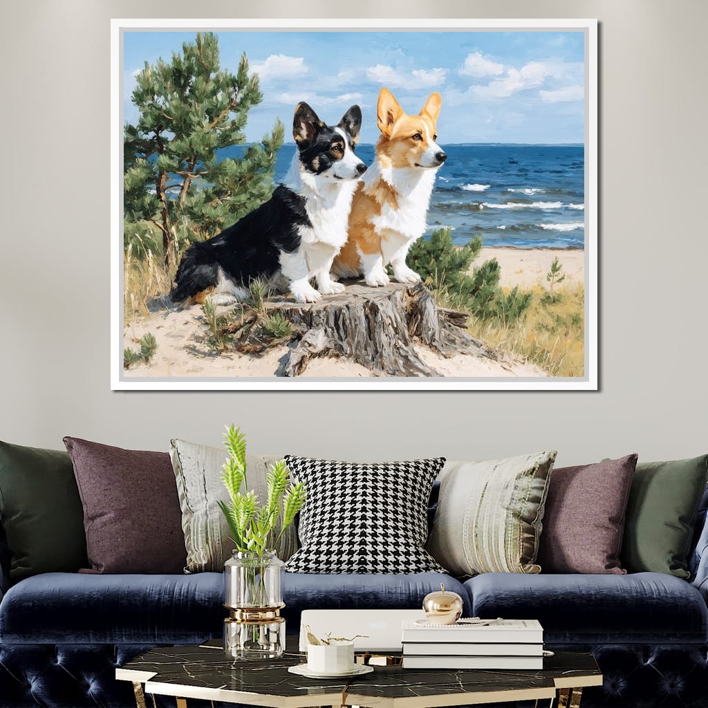 Coastal Corgi Pair Lookout Canvas Wall Art