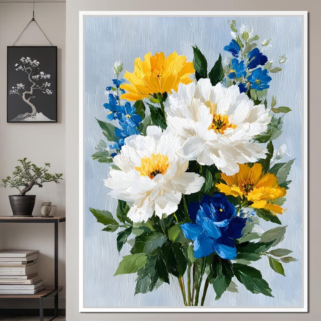 Golden White Blue Garden Posey Canvas Wall Art