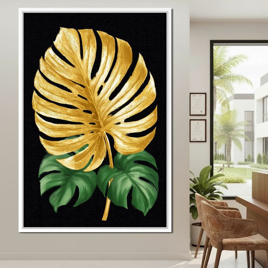Golden Monstera Leaf Elegance Canvas Wall Art