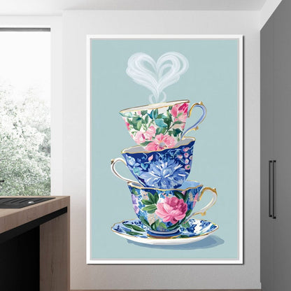 Vintage Floral Teacup Stack Delight Canvas Wall Art