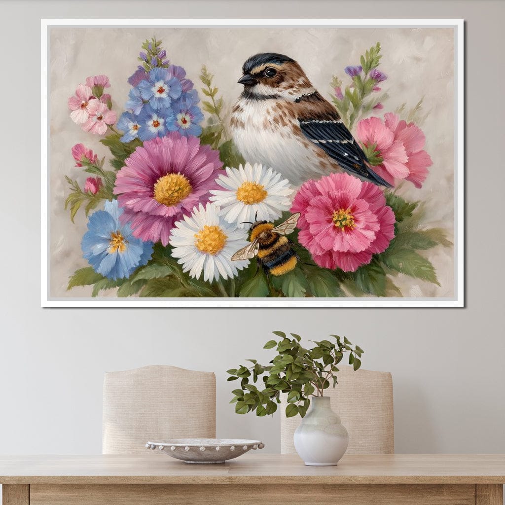 Garden Sparrow and Bumblebee Canvas Wall Art