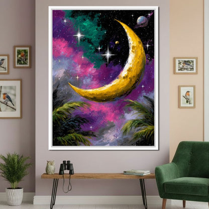 Golden Crescent Cosmic Nightscape Canvas Wall Art