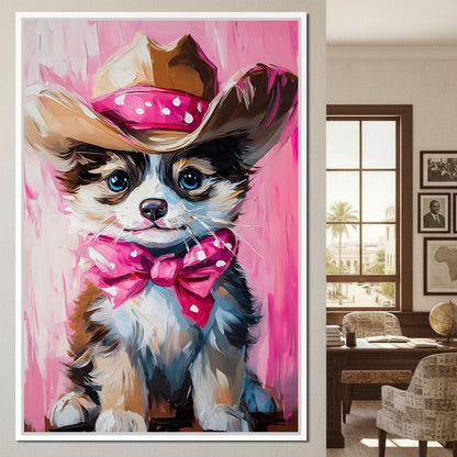 Cute Cowboy Puppy Pink Bow Charm Canvas Wall Art