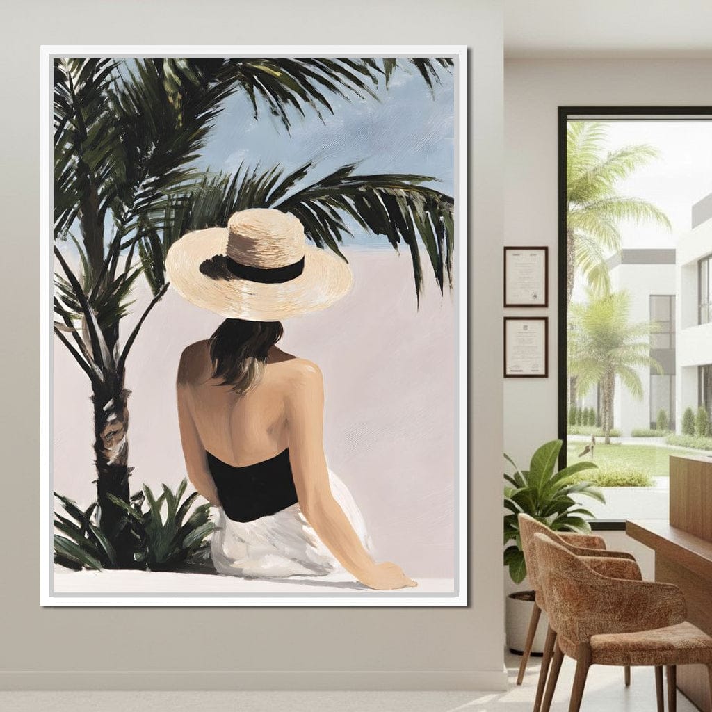 Coastal Palm Retreat Woman Hat Canvas Wall Art