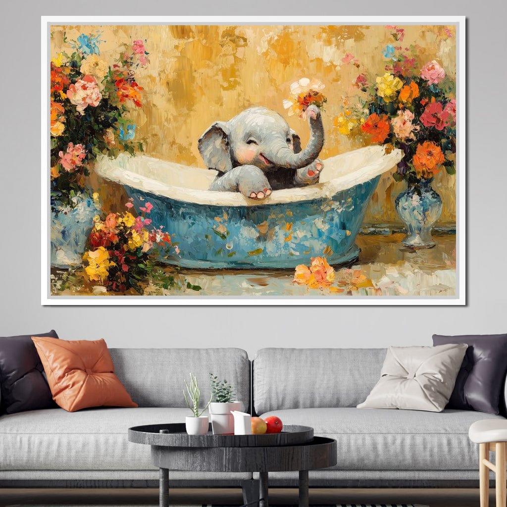 Elephant Joy in Floral Bath Canvas Wall Art