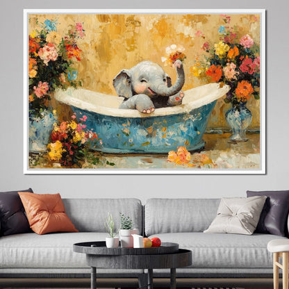 Elephant Joy in Floral Bath Canvas Wall Art
