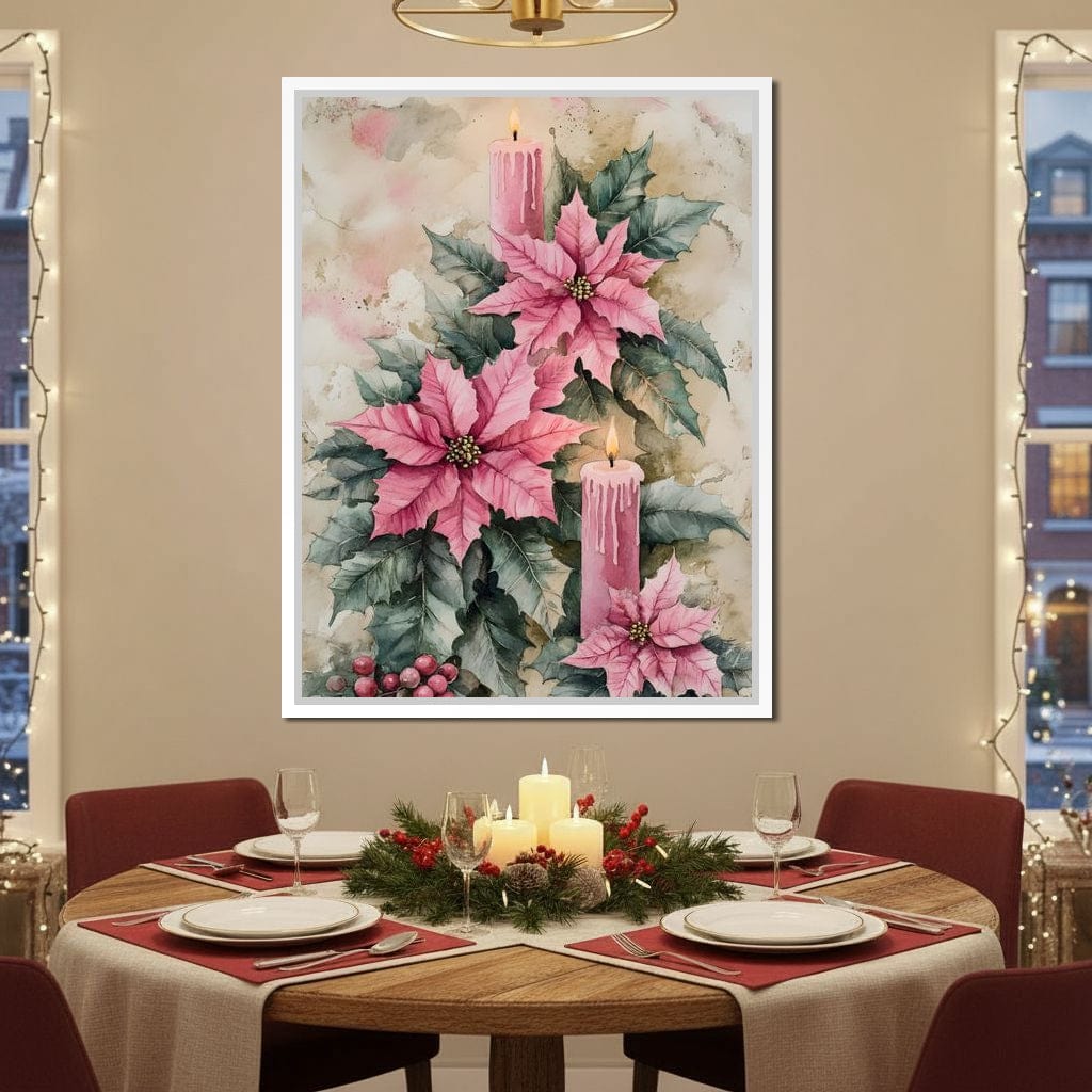 Festive Poinsettia Candle Glow Canvas Wall Art