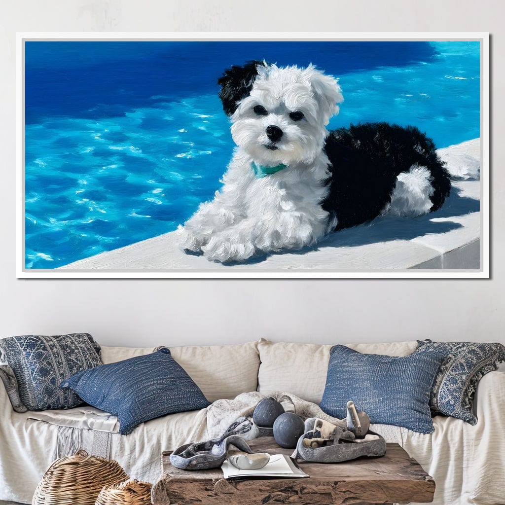 Puppy Relaxation by the Pool Canvas Wall Art