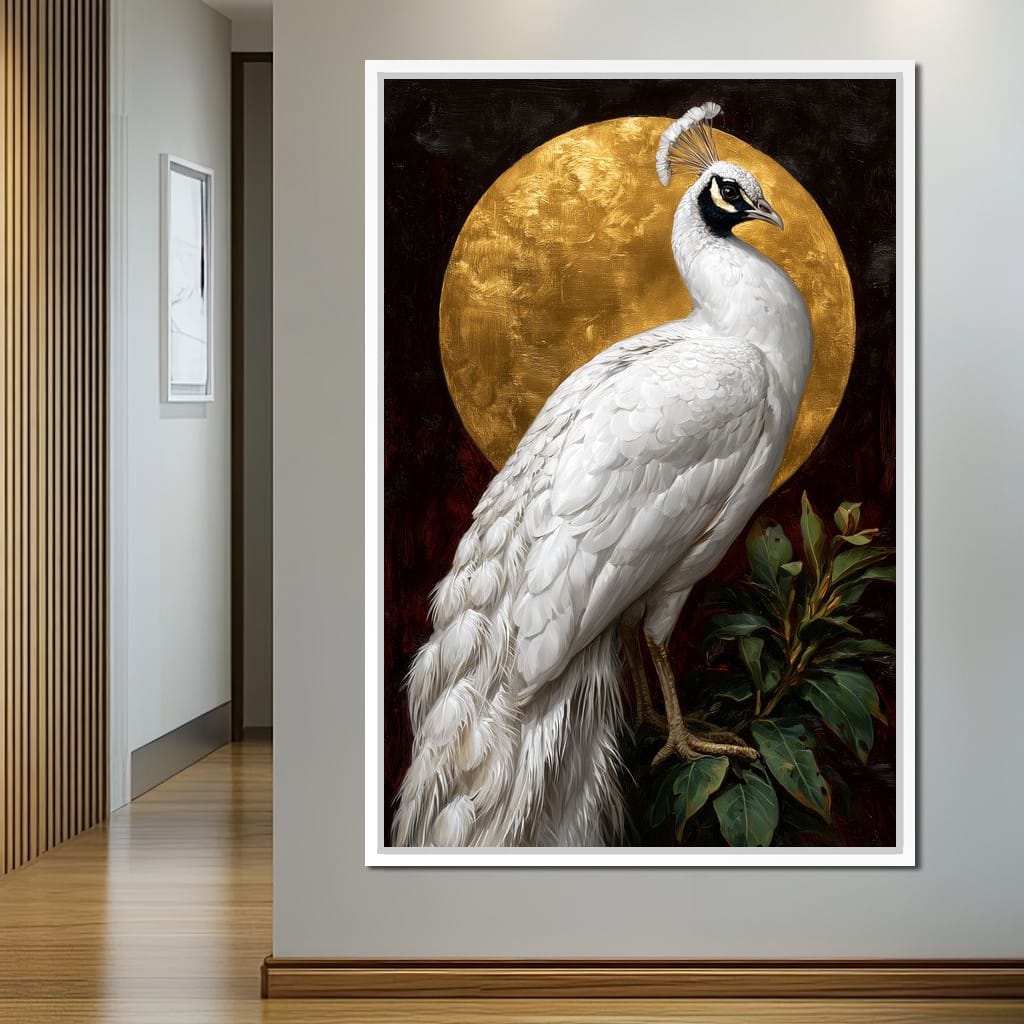 Golden Halo White Peacock Pose Canvas Wall Art