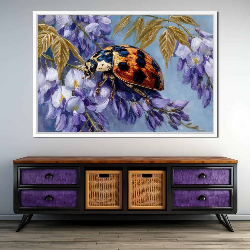 Ladybug On Wisteria Bloom Canvas Wall Art