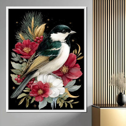Moonlit Floral Gold Chickadee Canvas Wall Art