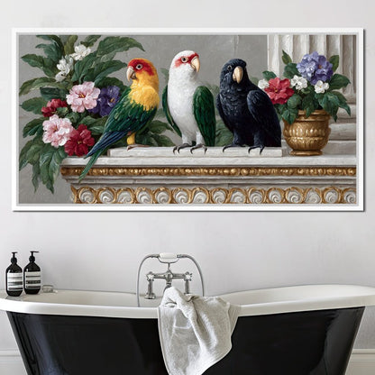 Parrot Trio On Florid Ledge Canvas Wall Art