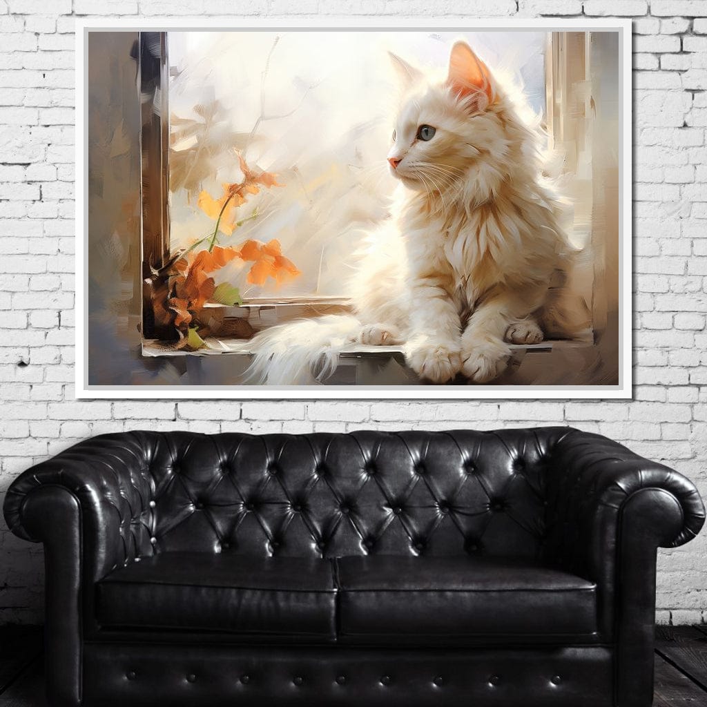 White Cat Sitting on Windowsill Canvas Wall Art