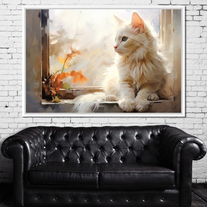 White Cat Sitting on Windowsill Canvas Wall Art
