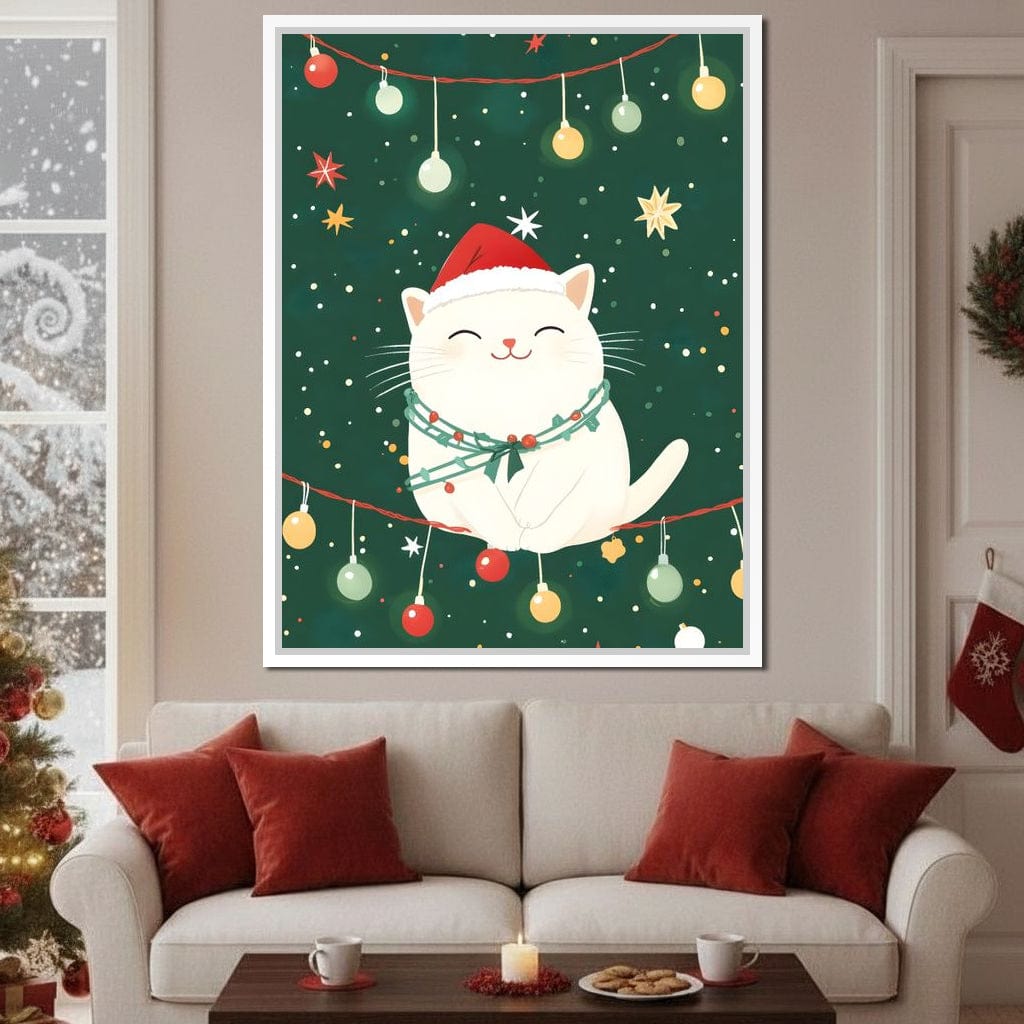 Jolly Santa Kitty Holiday Lights Canvas Wall Art
